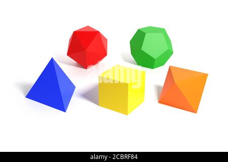 Platonic solids. Tetrahedron, hexahedron, octahedron, dodecahedron and icosahedron of different colors isolated on a white background. 3d illustration