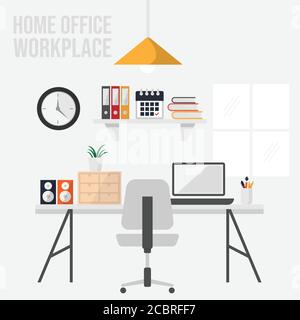 Home office workplace flat vector image. Workspace. Home office interior. Stylish home or studio. workplace of student with computer. Vector Flat desi Stock Vector