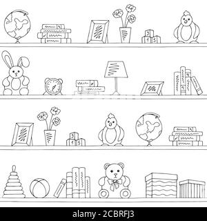 Shelves graphic black white children room toy book seamless pattern background sketch illustration vector Stock Vector