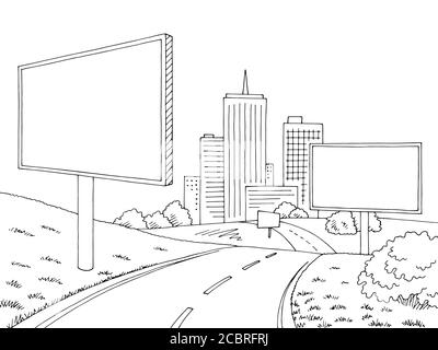 Road billboard graphic black white city landscape sketch illustration vector Stock Vector