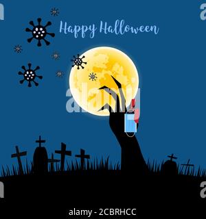 Happy halloween in the day of coronavirus outbreak. Hand holding face mask. Background of cemetary and full moon. Stock Vector