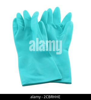 Blue rubber gloves for cleaning isolated on white background. It is used for hand protection. Stock Photo