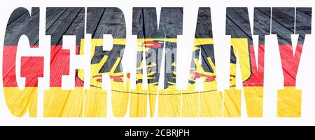 Abstract Germany word with German flag on wooden background isolated on white Stock Photo