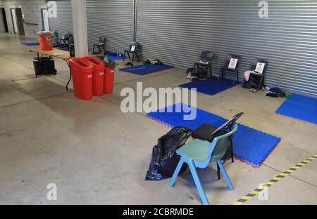 General view of the St. Helens makeshift dressing room, who play tomorrow, at The Totally Wicked Stadium, St Helens. Stock Photo