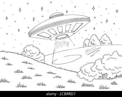 UFO flying over hill graphic black white landscape sketch illustration vector Stock Vector
