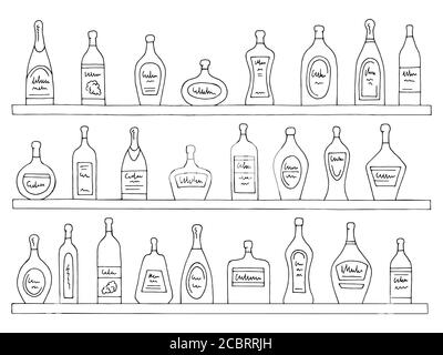 Shelves set graphic black white isolated bottles bar sketch illustration vector Stock Vector