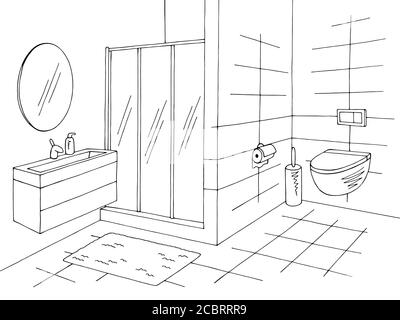 Bathroom graphic home interior black white sketch illustration vector Stock Vector