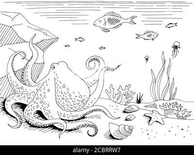 Underwater graphic sea black white sketch illustration vector Stock Vector