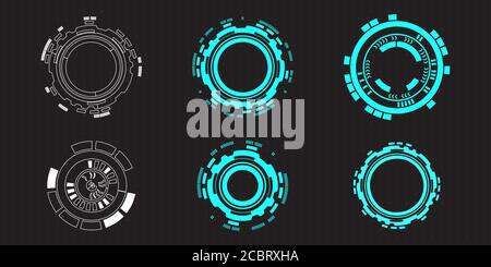 Futuristic HUD round circular elements for target screen and border aim control panel. Screen elements set of Sci Fi User Interface for Gaming UX UI. Stock Vector