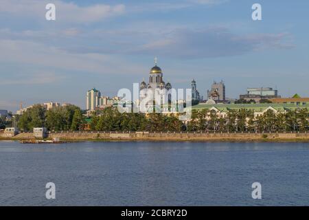 Summer city landscape. View of the River Iset and the Church of the Resplendent in the Russian Land. Yekaterinburg Stock Photo