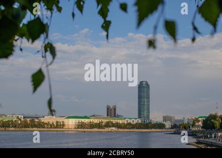 Summer city landscape. View of the Iset River and the Vysotsky Tower. Yekaterinburg Stock Photo