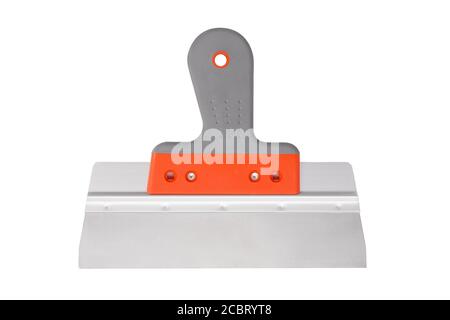 Stainless steel drywall taping knife with a soft grip handle isolated on white background Stock Photo