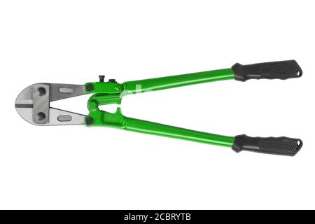 Bolt cutter with green hands isolated on white background. Hand tool for cutting chains, bolts, padlocks, rebar and etc. Stock Photo