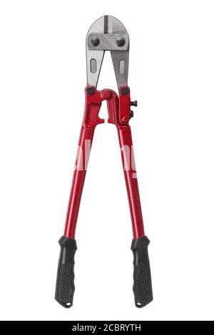 Bolt cutter with red hands isolated on white background. Hand tool for cutting chains, bolts, padlocks, rebar and etc. Stock Photo