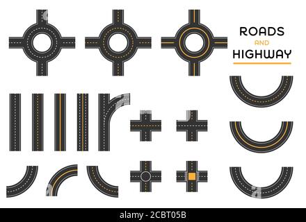 Roads and highway different intersection set of pieces, vector illustration Stock Vector