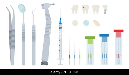 Illustration with dental tools and teeth with and without treatment vector illustration in a flat design. Stock Vector