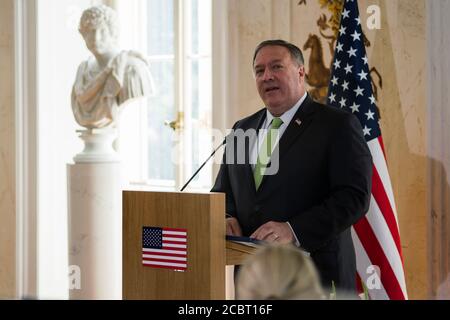 Warsaw, Poland. 15th Aug, 2020. Mike Pompeo speaks during a press conference at the palace of the Royal Lazienki ParkU.S. Secretary of State Mike Pompeo visited Warsaw on Saturday to sign an Enhanced Defense Co-operation Agreement (EDCA) with Poland. The visit of the US Secretary of State to Poland ended with a meeting with the Minister of Foreign Affairs, Jacek Czaputowicz in the Royal Lazienki Park. Credit: SOPA Images Limited/Alamy Live News Stock Photo