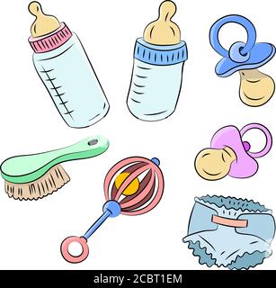 Cartoon vector illustration of baby feeding bottles, pacifiers and diapers Stock Vector