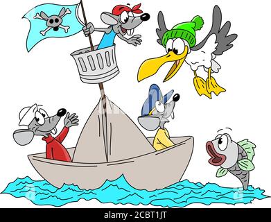 Cartoon mice, seagull and fish sailing together vector illustration Stock Vector