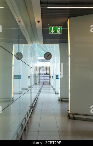 Budapest, Hungary - 08 15 2020: Empty passageway at the Ferenc Liszt International Airport in Budapest during the covid-19 pandemic. Stock Photo