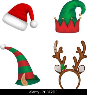 Set of christmas hats. Santa claus hat, elf hats and reindeer horns headband Stock Vector