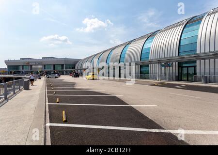 Budapest, Hungary - 08 15 2020: Terminal 2B at the Ferenc Liszt International Airport in Budapest, Hungary on a summer day. Stock Photo