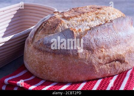 Artisan bread baking basket with a sourdough loaf of bread. Stock Photo