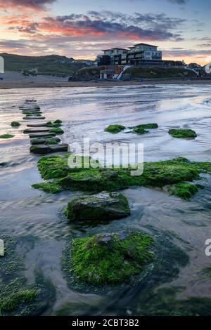 The stepping stones om Perranporth Beach in Cornwall captured on a morning in mid-July. Stock Photo