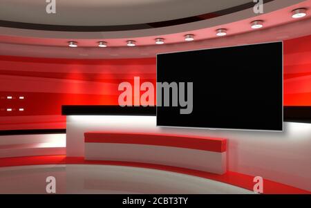 Tv Studio. Backdrop for TV shows .TV on wall. News studio. The perfect backdrop for any green screen or chroma key video or photo production. 3D rende Stock Photo
