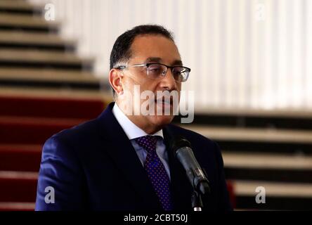 Khartoum, Sudan. 15th Aug, 2020. Egyptian Prime Minister Mostafa Madbouly speaks at a joint press conference with Sudan's Prime Minister Abdalla Hamdok (not in the picture) in Khartoum, Sudan, on Aug. 15, 2020. Sudan and Egypt on Saturday reiterated importance of reaching a binding agreement regarding the Grand Ethiopian Renaissance Dam (GERD) with commitment to negotiations to resolve the dispute. Credit: Mohamed Khidir/Xinhua/Alamy Live News Stock Photo