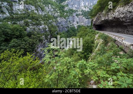 The Moraca River Canyon Platije is one of the most picturesque canyons in Montenegro. Summer mountain dusk travel and nature beauty scene. Stock Photo