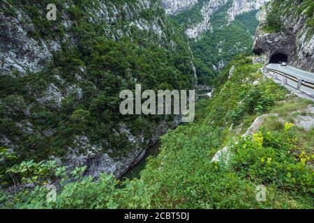 The Moraca River Canyon Platije is one of the most picturesque canyons in Montenegro. Summer mountain dusk travel and nature beauty scene.  Signs and Stock Photo