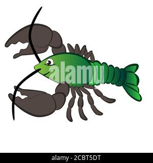 Cartoon green crayfish with big mustache isolated on white background. Stock Vector