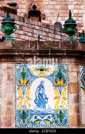Tile azulejo at Font de Santa Anna in Barcelona, Spain. Stock Photo
