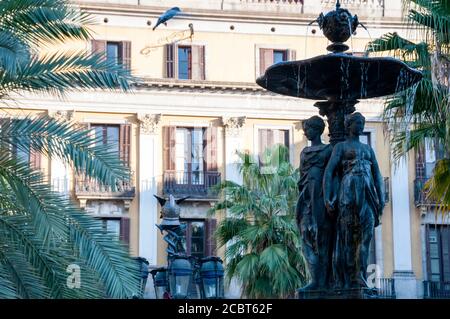 Barcelona Plaça Reial center fountain Tres Gracies, or Three Graces, Spain. Stock Photo