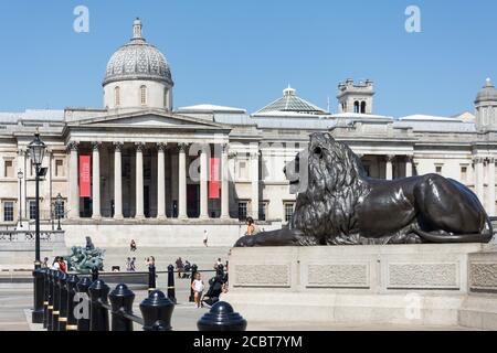 National Gallery and Lion Statue, Trafalgar Square, City of Westminster, Greater London, England, United Kingdom Stock Photo