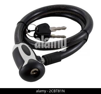 Black bicycle lock isolated on white background. There is a bundle of keys to it. It is a security supplement. Stock Photo