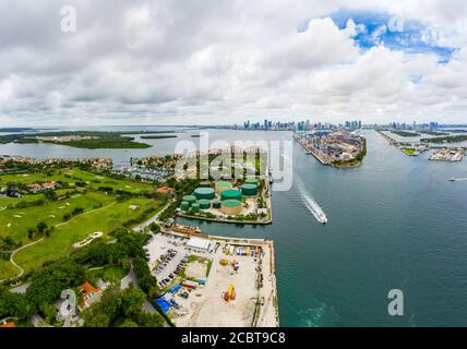 Aerial photo Miami Beach Fisher Island view of Port and Downtown Florida USA Stock Photo