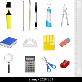 School stationery set. Collection of realistic school and office supplies Stock Vector
