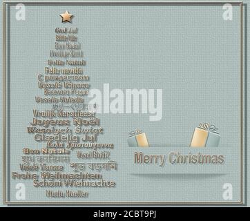 Merry Christmas card In Different European, Eastern European, Hindi, Bengali, Indian, Japanese Languages forming Christmas Tree and gold gift boxes on pastel green background. 3D illustration Stock Photo