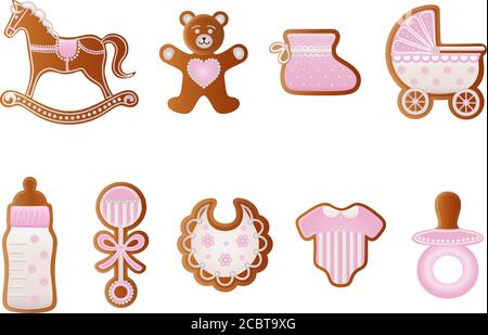 Baby shower gingerbreads. Pink cookies for baby girl. Rocking horse, bear, baby shoe, baby carriage, feeding bottle, pacifier, dress, rattle and feedi Stock Vector