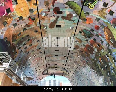 Art on the Markthal (Market hall) office and residential building with a cafes and shops underneath. Rotterdam, South Holland / Netherlands. Stock Photo
