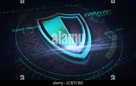 Cyber security, computer protection, digital safety technology with shield metal symbols. Abstract concept 3d rendering illustration. Stock Photo