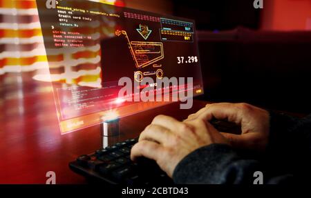 Online shopping with cart symbol on computer screen. Cyber business, digital buying, banking and ecommerce concept 3d with glitch effect. Stock Photo