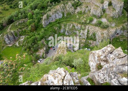 Cliffs of Cheddar Gorge from high viewpoint. High limestone cliffs in canyon in Mendip Hills in Somerset, England, UK Stock Photo