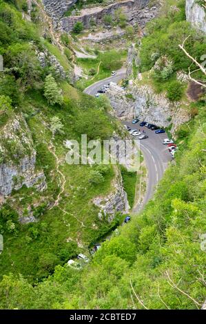 Cliffs of Cheddar Gorge from high viewpoint. High limestone cliffs in canyon in Mendip Hills in Somerset, England, UK Stock Photo