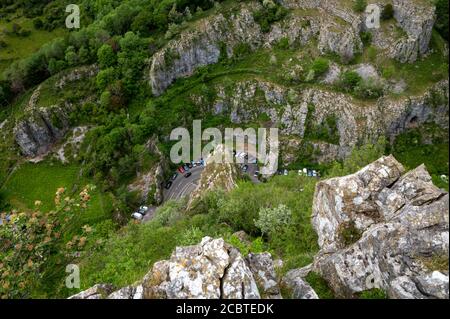 Cliffs of Cheddar Gorge from high viewpoint. High limestone cliffs in canyon in Mendip Hills in Somerset, England, UK Stock Photo