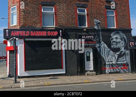 Anfield barber Shop,Klopps B&B, LFC,Liverpool Football Club, Anfield, Premier League, Merseyside,North West England, UK, L4 2UZ Stock Photo