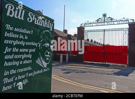 Bill Shankly,You will never walk alone gates, LFC,Liverpool Football Club, Anfield, Premier League, Merseyside,North West England, UK, L4 2UZ