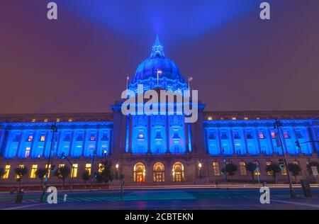 San Francisco City Hall lights up in blue to honor the healthcare workers during COVID-19 pandemic, California, USA.